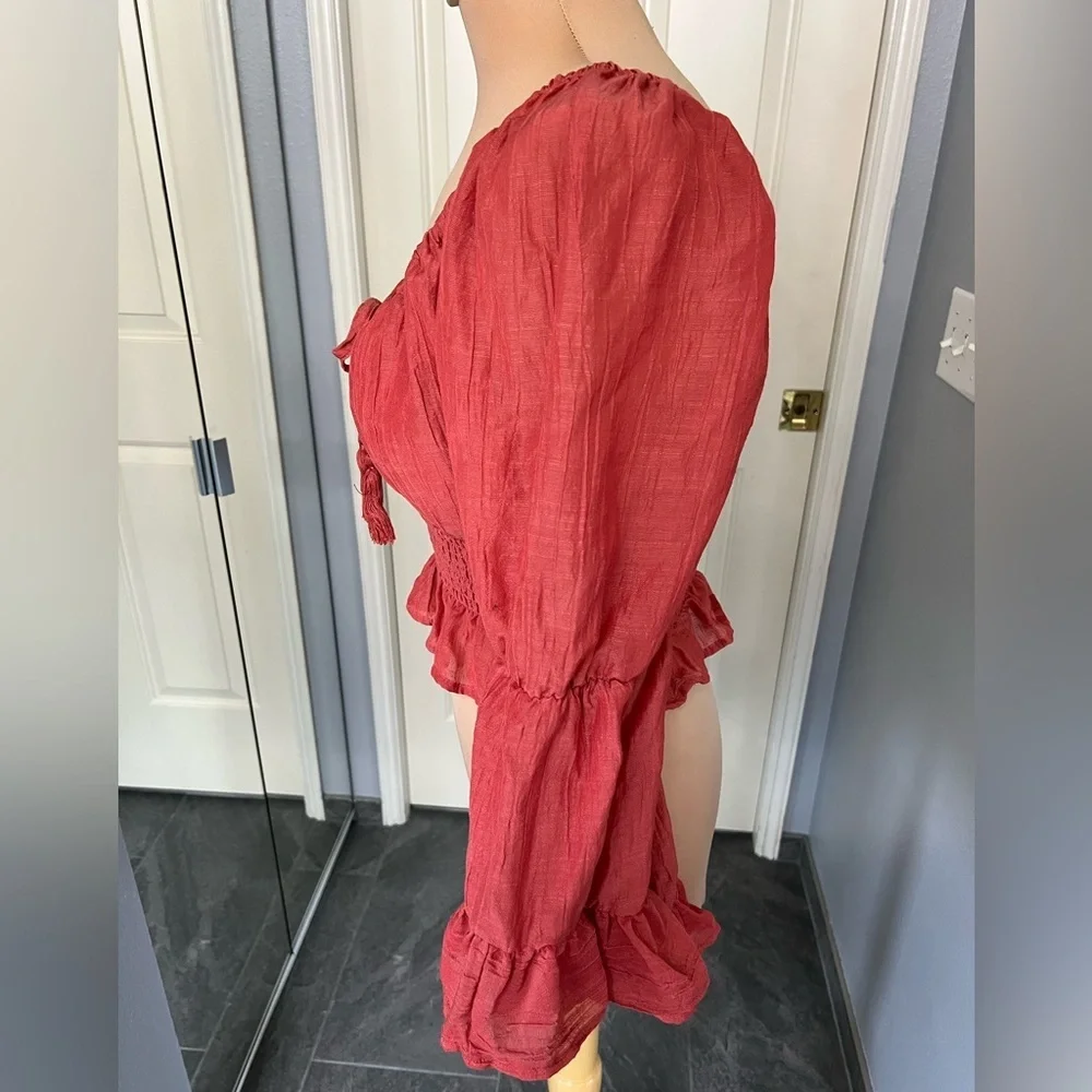 Hint of Blush Crop‎ Peasant Flare Ruffle Sleeve Boho Top